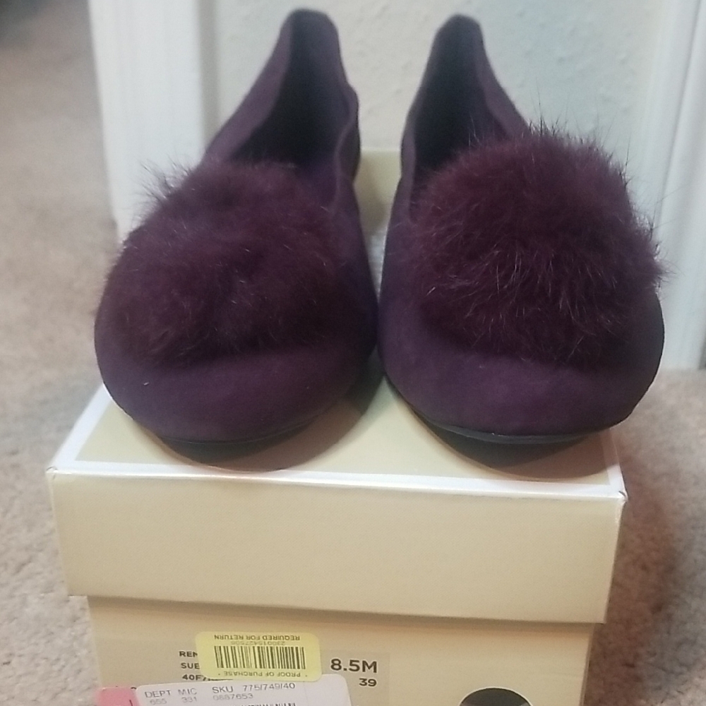 Purple Suede Flats with Pom-Pom Embellishments